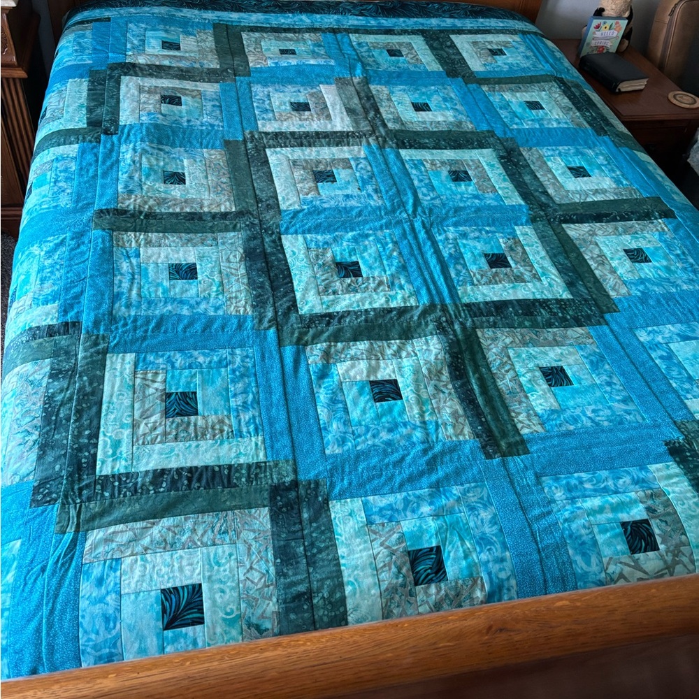 Handmade Blue Patchwork Quilt - Turquoise & Teal Bedspread